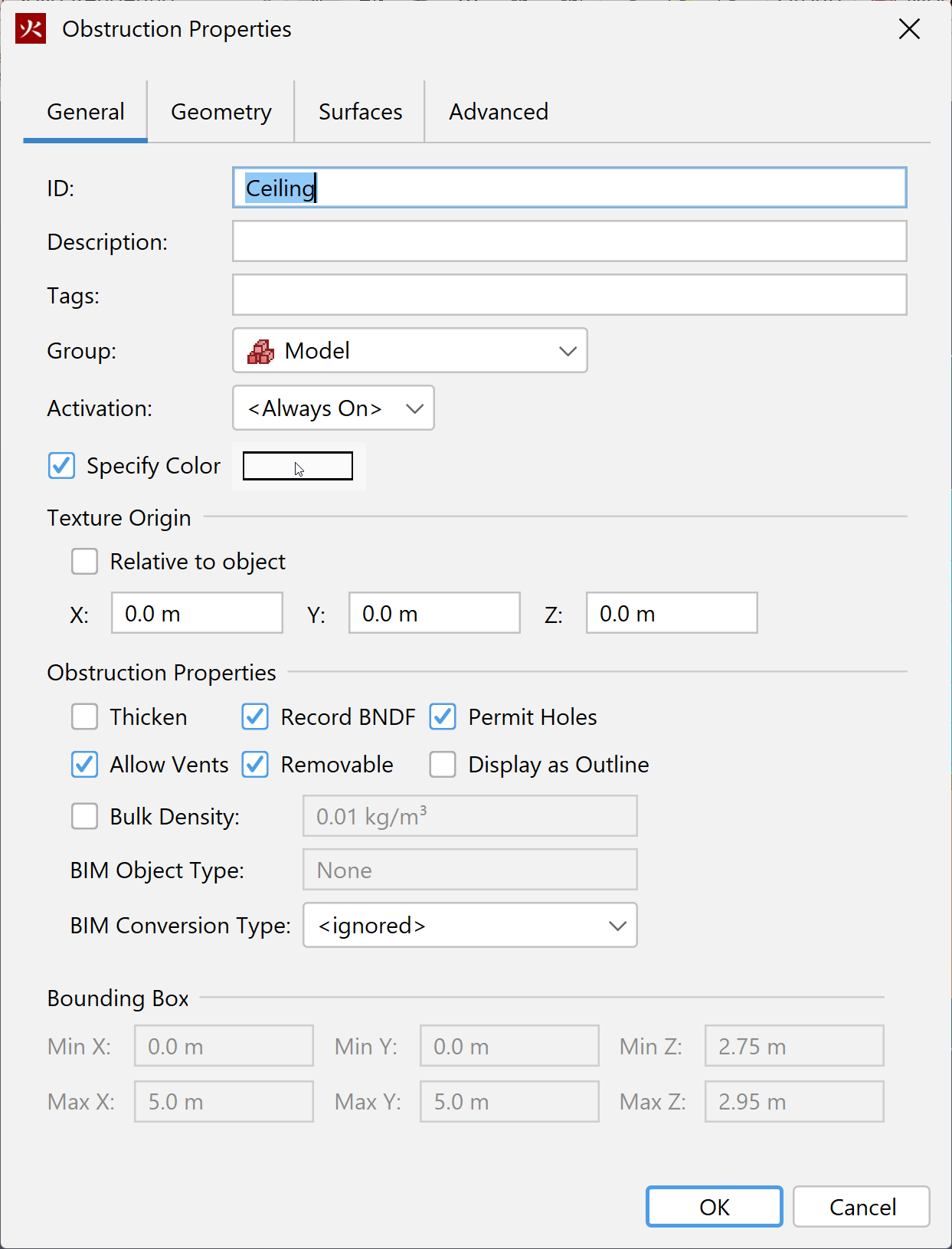 Ceiling Obstruction Properties dialog
