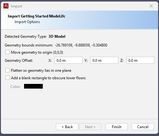 The geometry page of the Import dialog.
