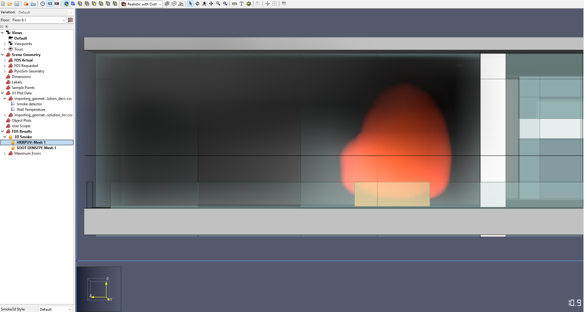 Closer view of the results with FDS Actual Scene Geometry